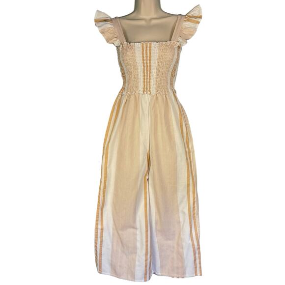 ASOS Shirred Frill Sleeve Linen Blend Jumpsuit Striped Size 8 - Picture 1 of 7